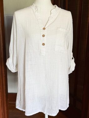 Italian Womens White Rolled Tab Sleeve Cotton Shirt Coastal Minimalist Beach